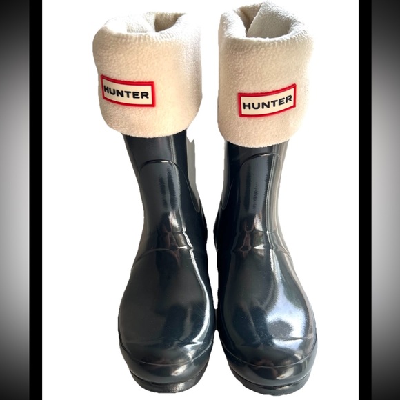 HUNTER Short Navy Blue Gloss Rain Boots Wellies With Sock Liner Inserts - 6 - Picture 1 of 10